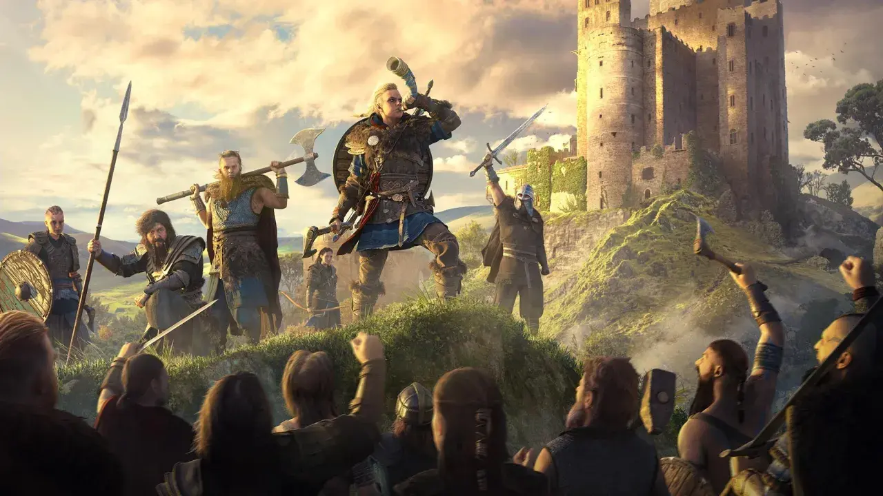 Wikingowie z Assassin's Creed Valhalla szturmują zamek. Eivor gra na rogu, a jego wojownicy wznoszą broń.