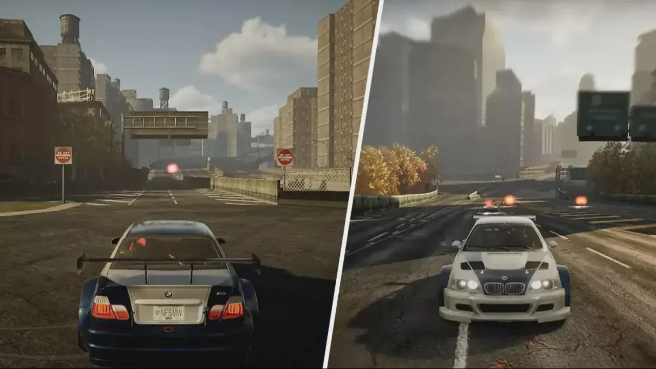 Dwa ujęcia z gry NFS Most Wanted Remake: z lewej BMW M3 z tyłu, z prawej z przodu. Miasto, drogi, pościg.