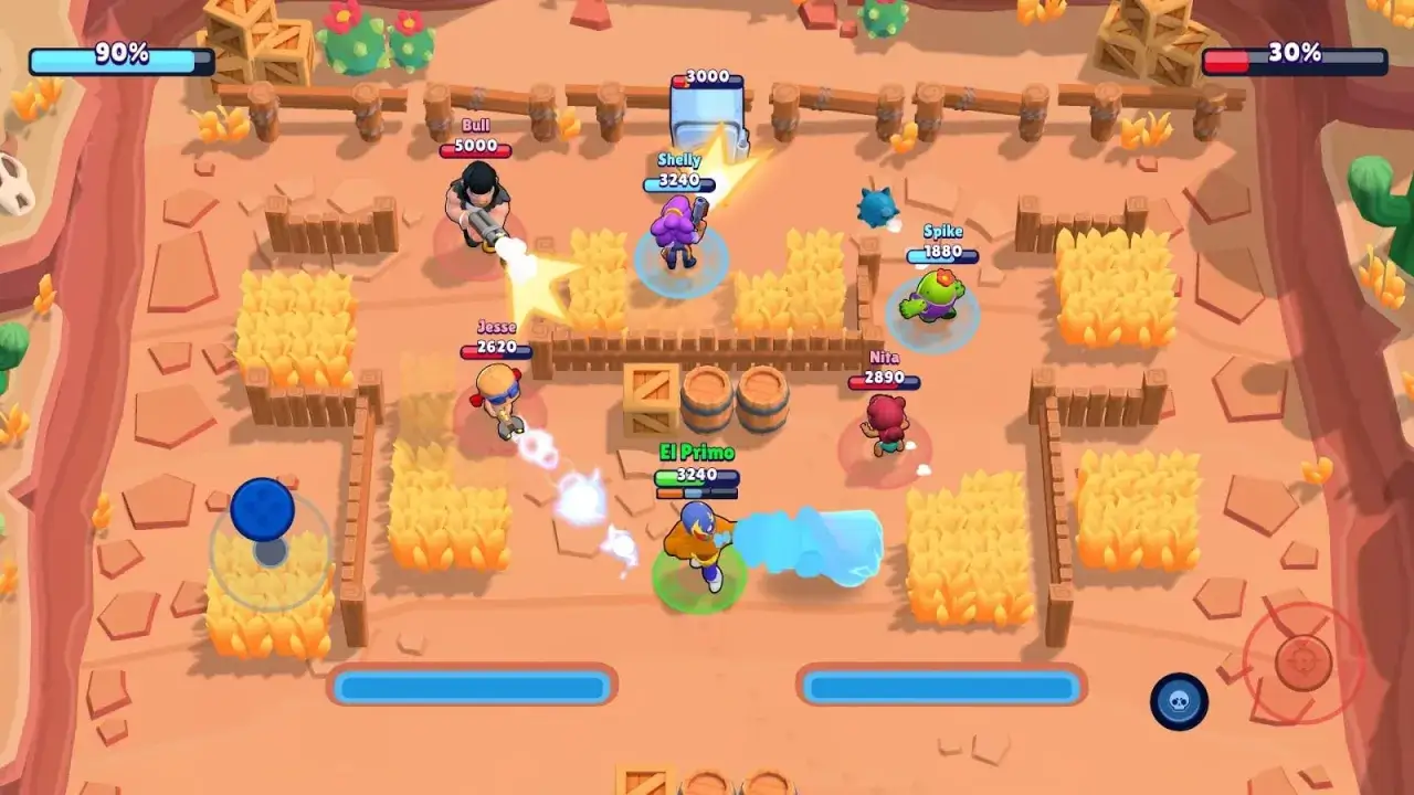 Brawl Stars postacie: Bull, Shelly, Jesse, El Primo, Nita i Spike walczą na pustynnej arenie.