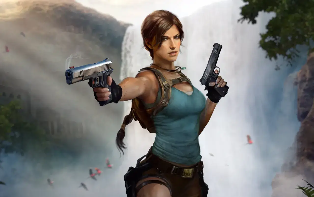 Lara Croft, legendarna tomb raider, z pistoletami w dłoniach, gotowa na przygodę przy wodospadzie.