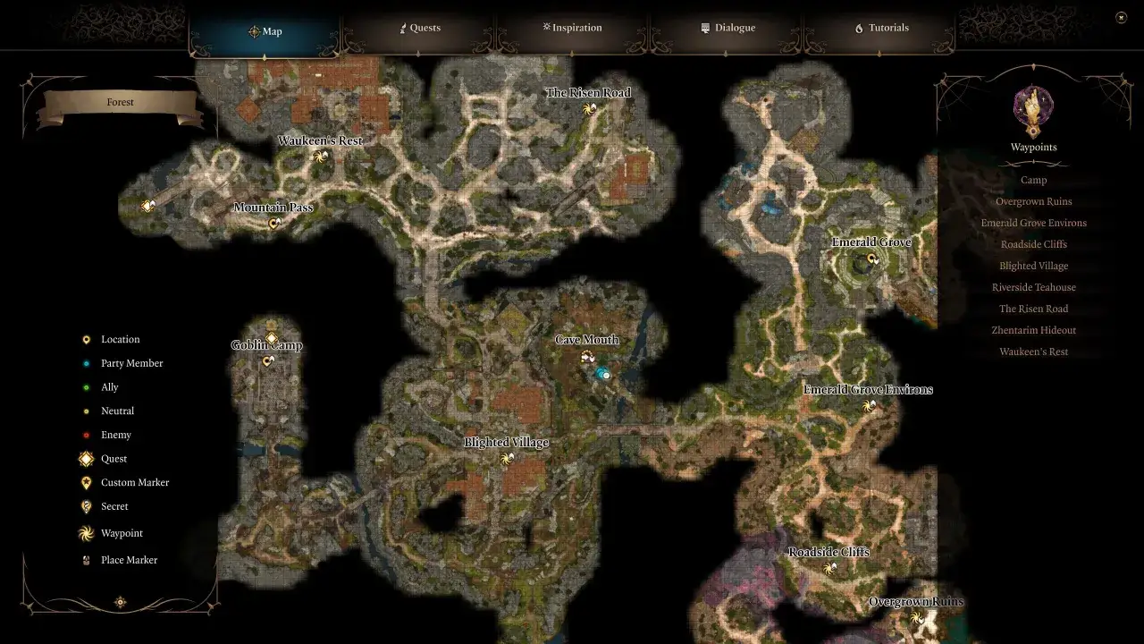 Mapa lasu z Baldur's Gate 3. Widoczne lokacje: Goblin Camp, Blighted Village, Emerald Grove. Szukamy tu potężnego sowodźwiedzia.