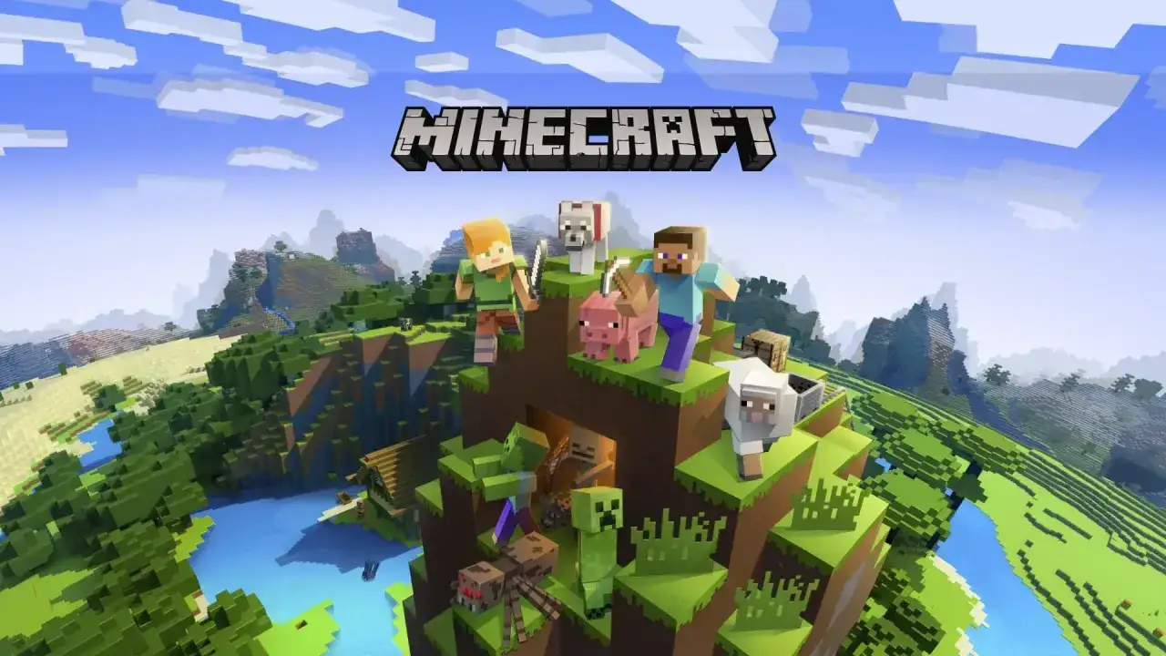 Steve, Alex, świnka, owca, pies i potwory na tle krajobrazu Minecraft. To są fajne gry na PC!