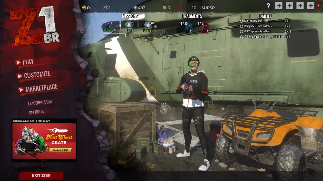 Gracz w grze z1 battle royale stoi obok helikoptera i quada, gotowy do akcji.