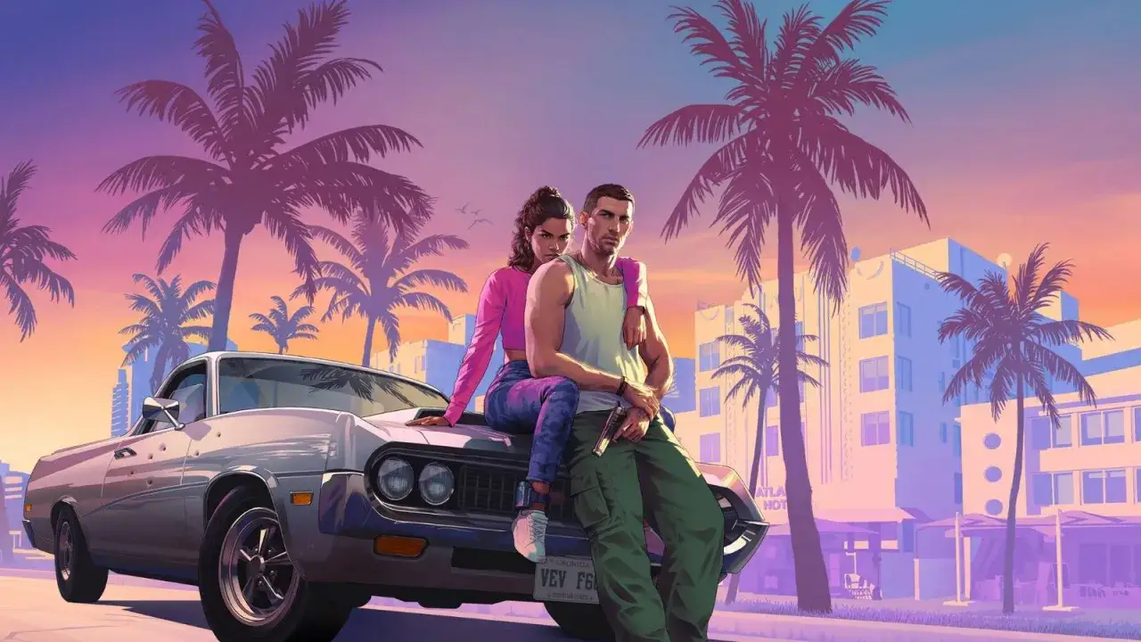Para w stylu retro siedzi na masce samochodu na tle palmy i budynków w stylu Miami. Zapowiedź GTA 6.