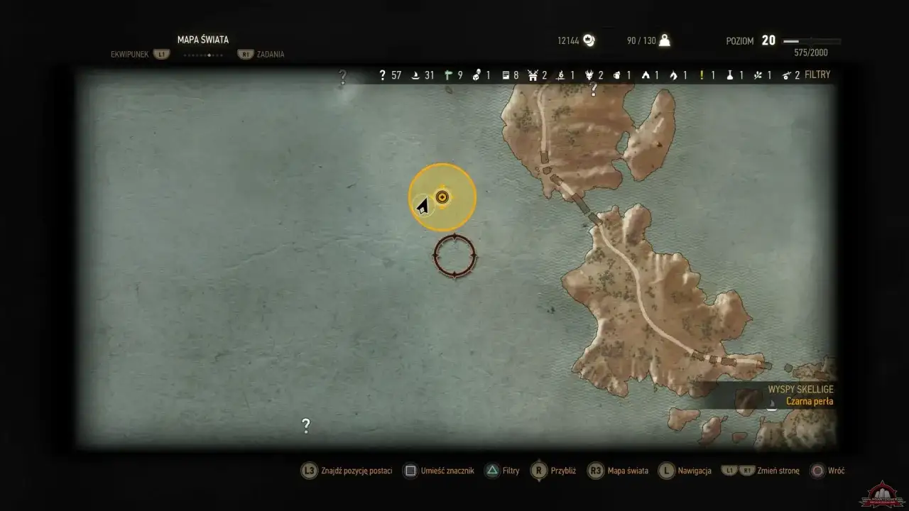 Mapa świata Wiedźmin 3. Wskazany cel: Wyspy Skellige, Czarna perła.