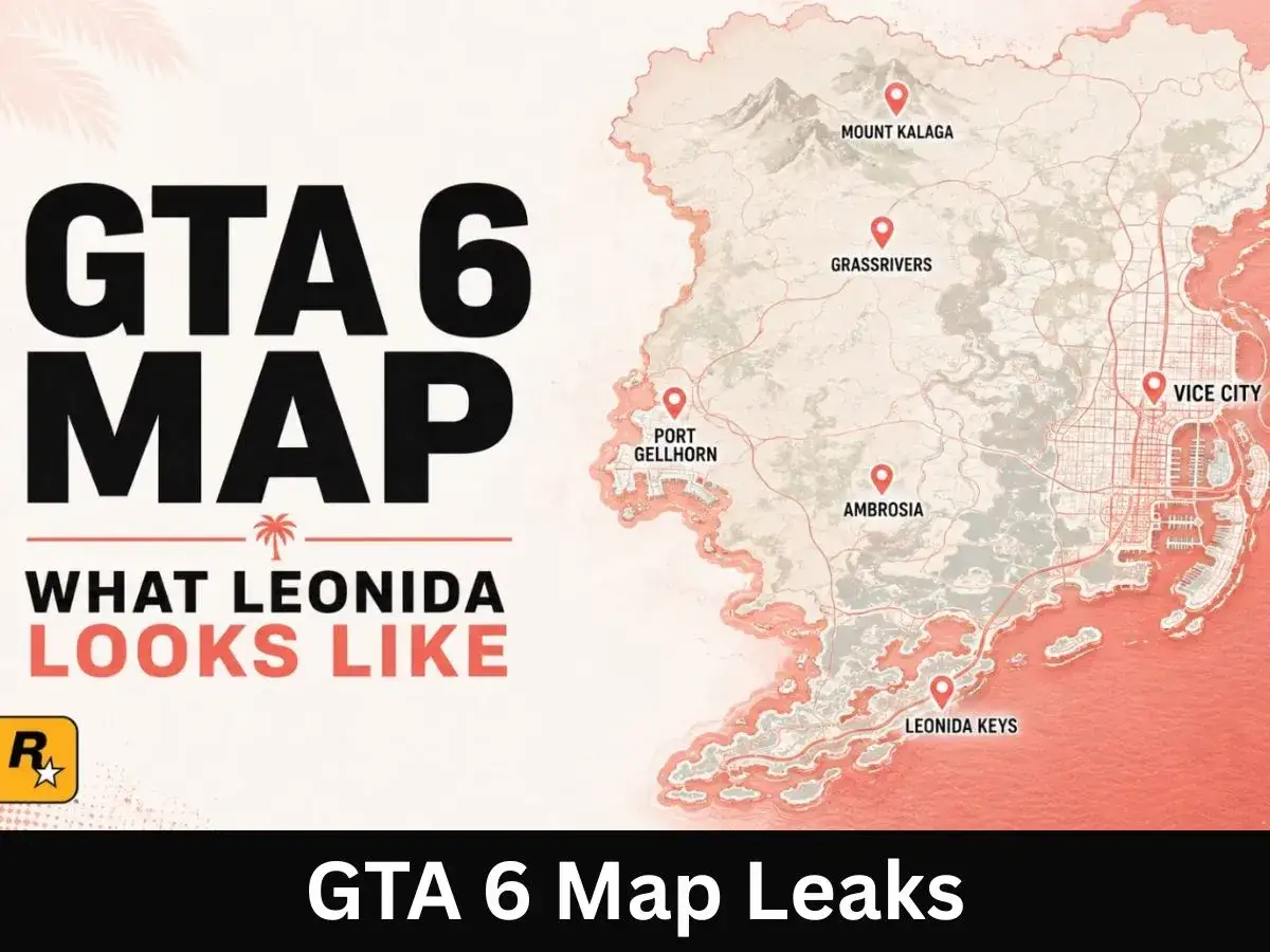 Mapa GTA 6 z zaznaczonymi regionami Leonidy, w tym Vice City i Mount Kalaga.