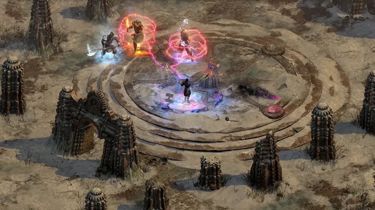 W świecie Diablo II Resurrected bohaterowie walczą z demonami na mroźnej arenie.