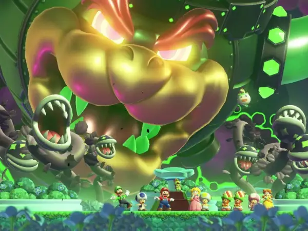 Mario, Luigi, Peach i Toad stają naprzeciwko gigantycznego, złotego Bowsera i jego armii Piranha Plants. To jedna z najlepszych gier 2D!