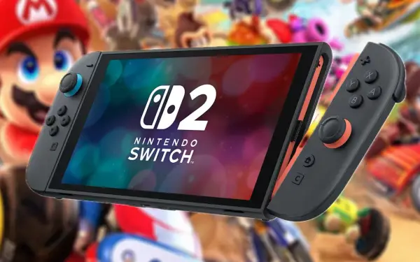 Nintendo Switch z logo "2" i Mario w tle. Idealne gry na Nintendo Switch 2 dla całej rodziny.