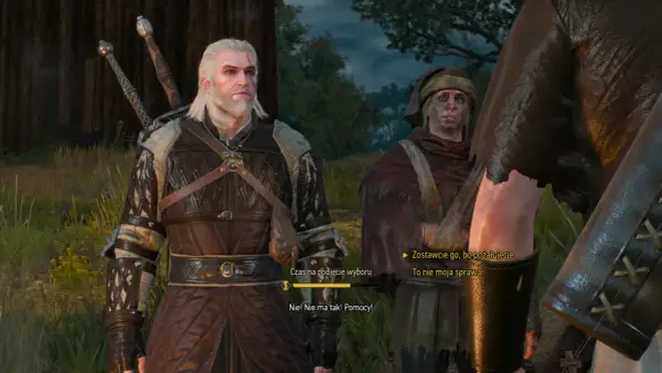 Geralt z Rivii w Wiedźmin 3, w tle postać z "złoto głupców". Czas na podjęcie wyboru.