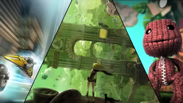 Kolaż z grafikami z gier: wyścigowa łódź, dziewczyna w zielonym mieście, Sackboy. To najlepsze gry na PS Vita!